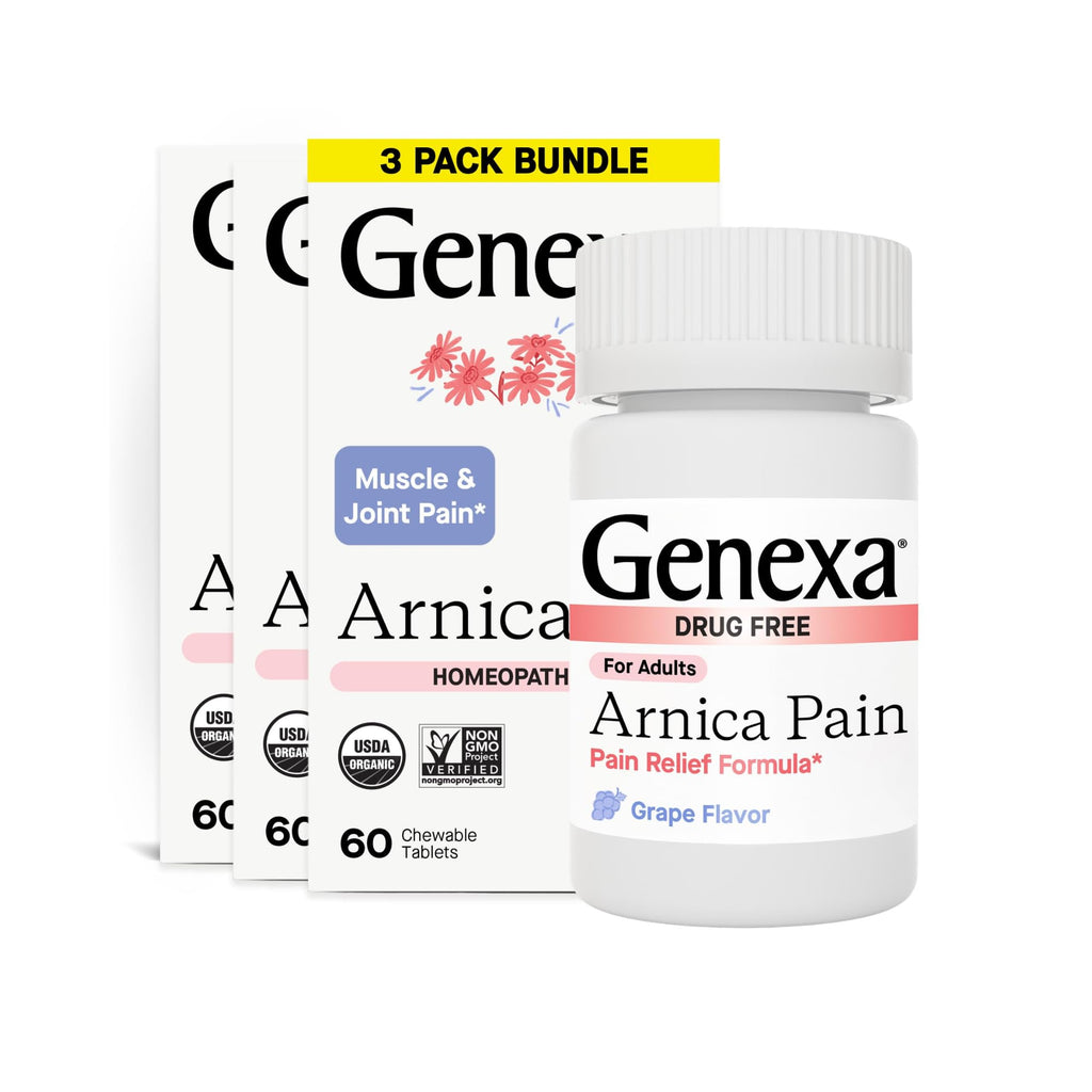 Genexa Arnica Tablets for Pain Relief Formula | Alleviate Muscle & Joint Pain, Soreness, & Stiffness | Delicious Organic Grape Flavor | Homeopathic Remedy Made Clean | 300 Chewable Tablets (3 Pack) - TrustMedUSA
