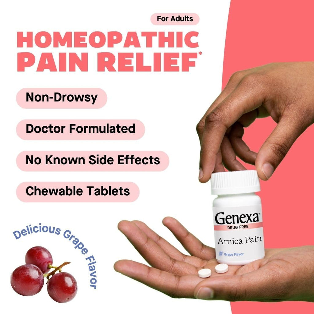 Genexa Arnica Tablets for Pain Relief Formula | Alleviate Muscle & Joint Pain, Soreness, & Stiffness | Delicious Organic Grape Flavor | Homeopathic Remedy Made Clean | 300 Chewable Tablets (3 Pack) - TrustMedUSA