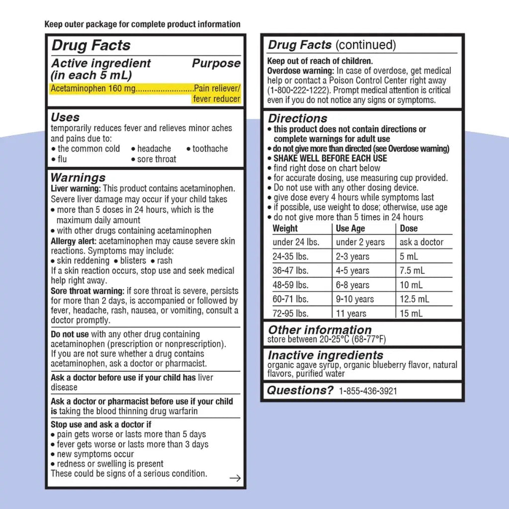 Genexa Children's Clean Acetaminophen | Pediatrician Preferred Ingredients | Pain & Fever Reducer for Kids | Dye Free, 0% Artificial Additives | Ages 2-11, Delicious Organic Blueberry Liquid, 4 fl oz - TrustMedUSA