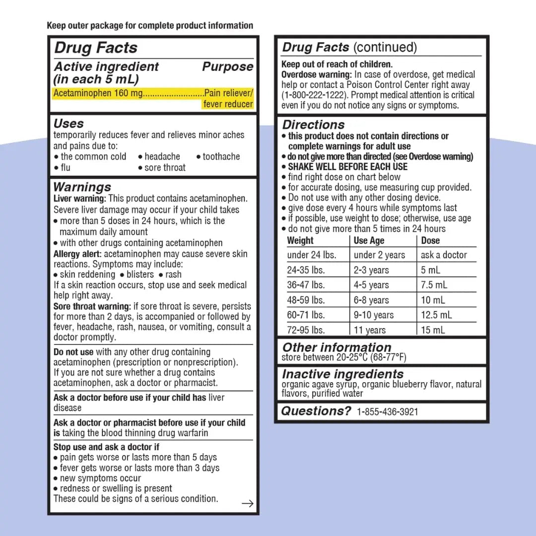 Genexa Children's Clean Acetaminophen | Pediatrician Preferred Ingredients | Pain & Fever Reducer for Kids | Dye Free, 0% Artificial Additives | Ages 2-11, Delicious Organic Blueberry Liquid, 4 fl oz - TrustMedUSA