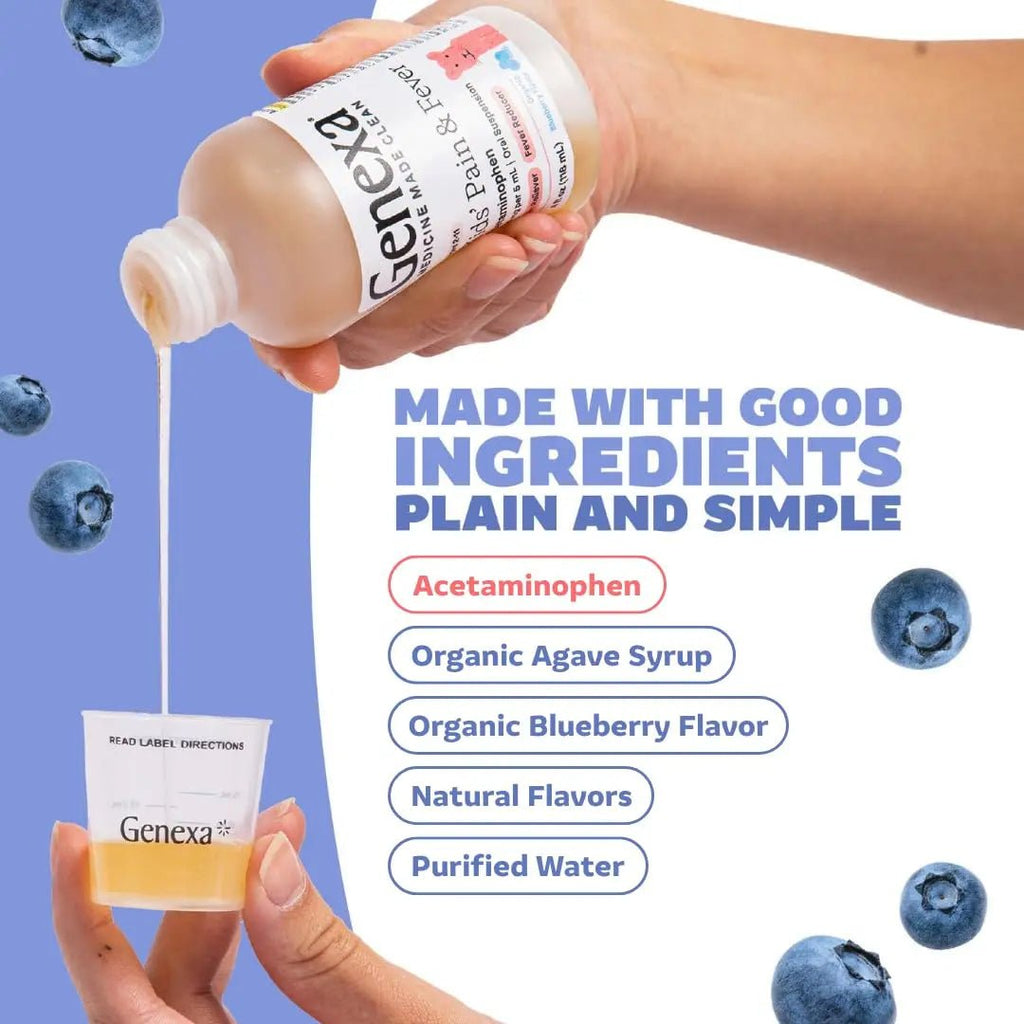 Genexa Children's Clean Acetaminophen | Pediatrician Preferred Ingredients | Pain & Fever Reducer for Kids | Dye Free, 0% Artificial Additives | Ages 2-11, Delicious Organic Blueberry Liquid, 4 fl oz - TrustMedUSA