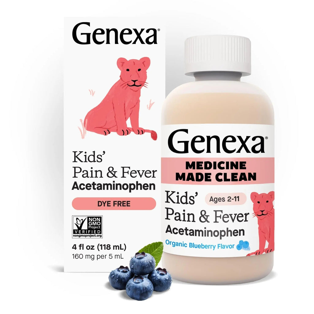 Genexa Children's Clean Acetaminophen | Pediatrician Preferred Ingredients | Pain & Fever Reducer for Kids | Dye Free, 0% Artificial Additives | Ages 2-11, Delicious Organic Blueberry Liquid, 4 fl oz - TrustMedUSA