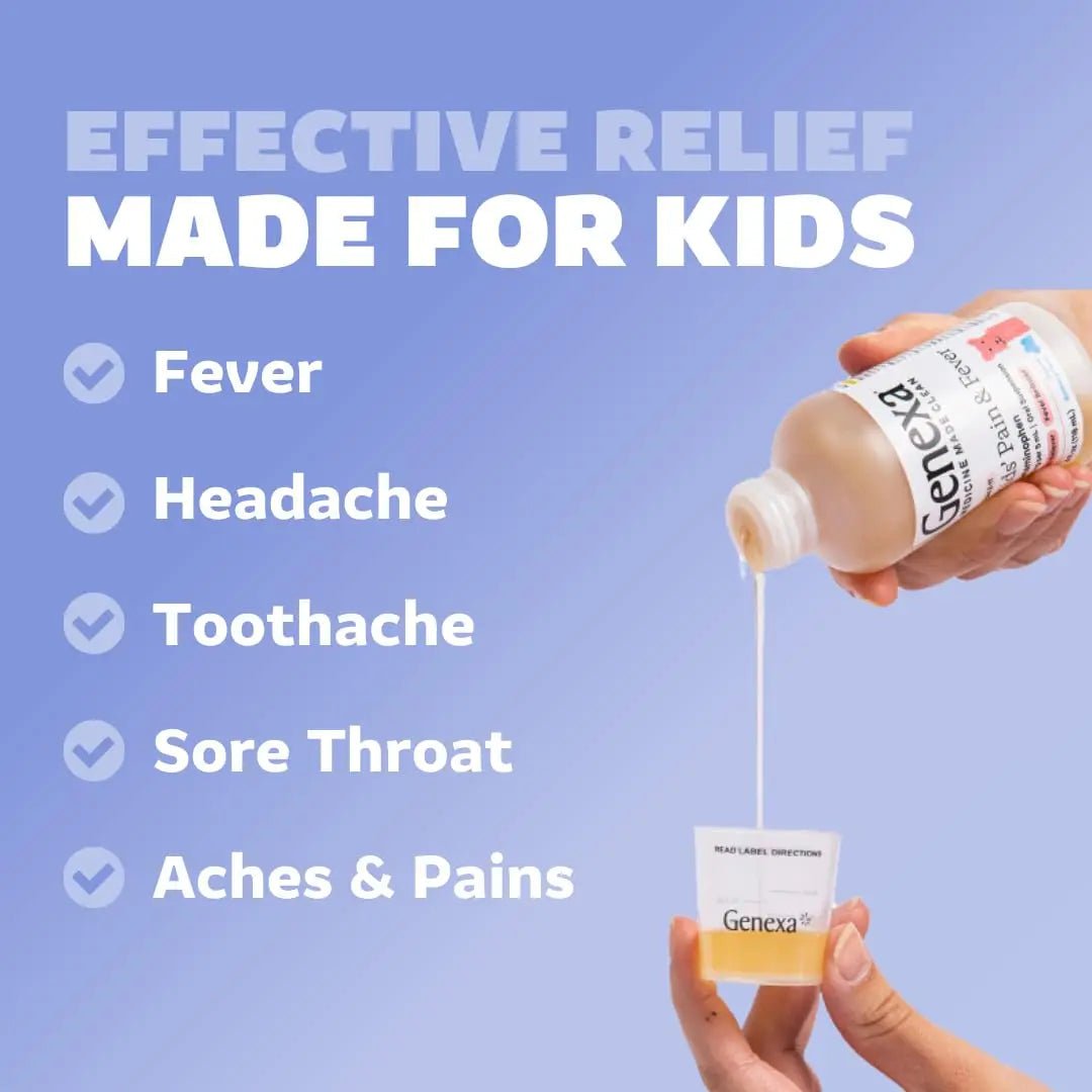 Genexa Children's Clean Acetaminophen | Pediatrician Preferred Ingredients | Pain & Fever Reducer for Kids | Dye Free, 0% Artificial Additives | Ages 2-11, Delicious Organic Blueberry Liquid, 4 fl oz - TrustMedUSA