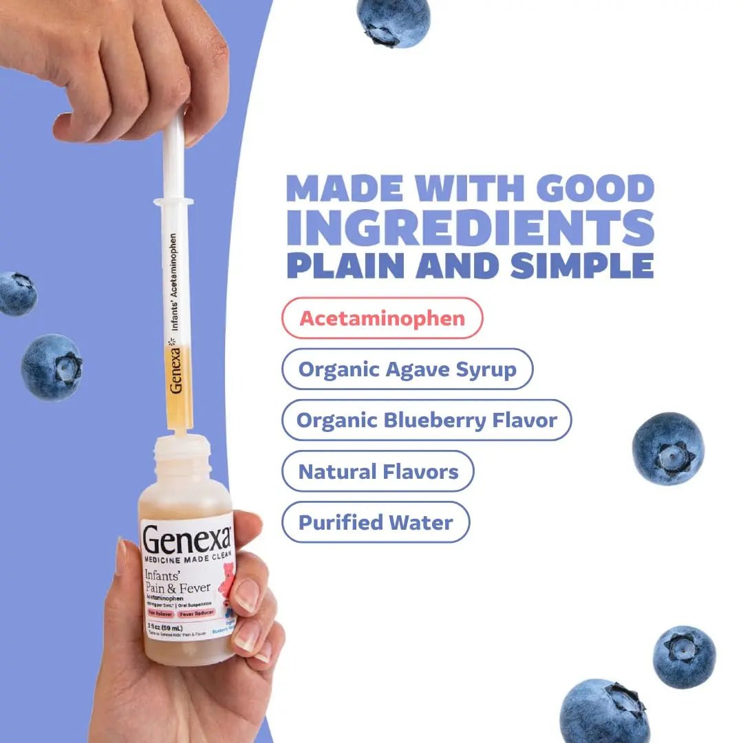 Genexa Infants' Clean Acetaminophen | Pediatrician Preferred Ingredients | Pain Reliever & Fever Reducer for Babies | Dye Free, 0% Artificial Additives | Delicious Organic Blueberry Flavor, 2 fl oz - TrustMedUSA