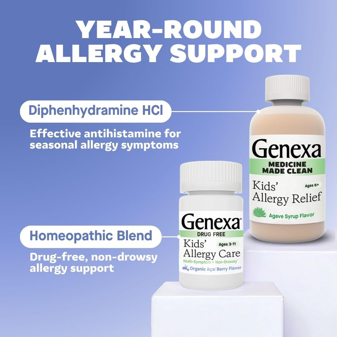 Genexa Kids Allergy Bundle | Powerful OTC Medicine + Gentle Homeopathic Remedy | Antihistamine, Relieves Runny Nose, Sneezing & Itchy Eyes | Organic Acai & Agave Flavors | Ages 6+ - Maple Wellness Supplements