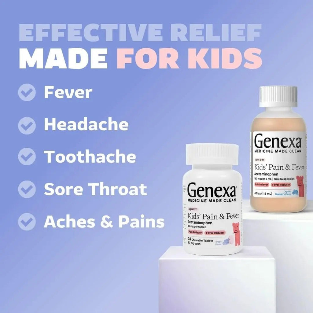 Genexa Kids' Clean Pain & Fever Acetaminophen Bundle | Relieves Fever & Minor Aches and Pain | Dye Free, 0% Artificial Additives | Chewable Tablets & Liquid Oral Suspension for Children Aged 2-11 - TrustMedUSA
