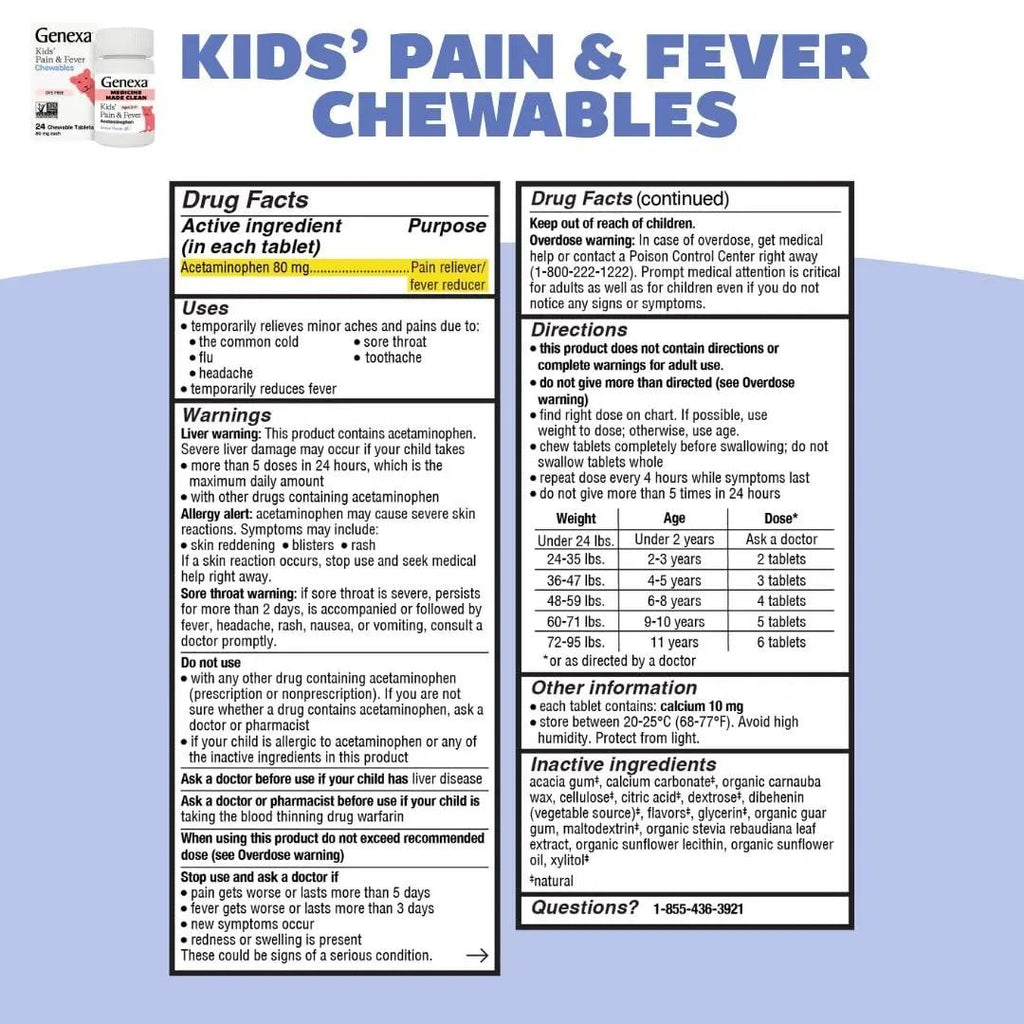 Genexa Kids' Clean Pain & Fever Acetaminophen Bundle | Relieves Fever & Minor Aches and Pain | Dye Free, 0% Artificial Additives | Chewable Tablets & Liquid Oral Suspension for Children Aged 2-11 - TrustMedUSA