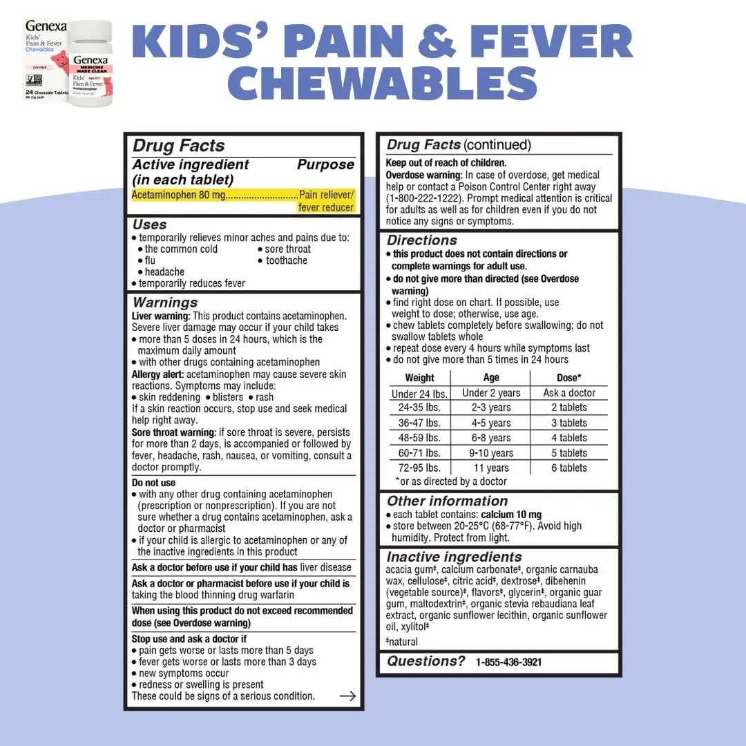 Genexa Kids' Clean Pain & Fever Acetaminophen Bundle | Relieves Fever & Minor Aches and Pain | Dye Free, 0% Artificial Additives | Chewable Tablets & Liquid Oral Suspension for Children Aged 2-11 - TrustMedUSA