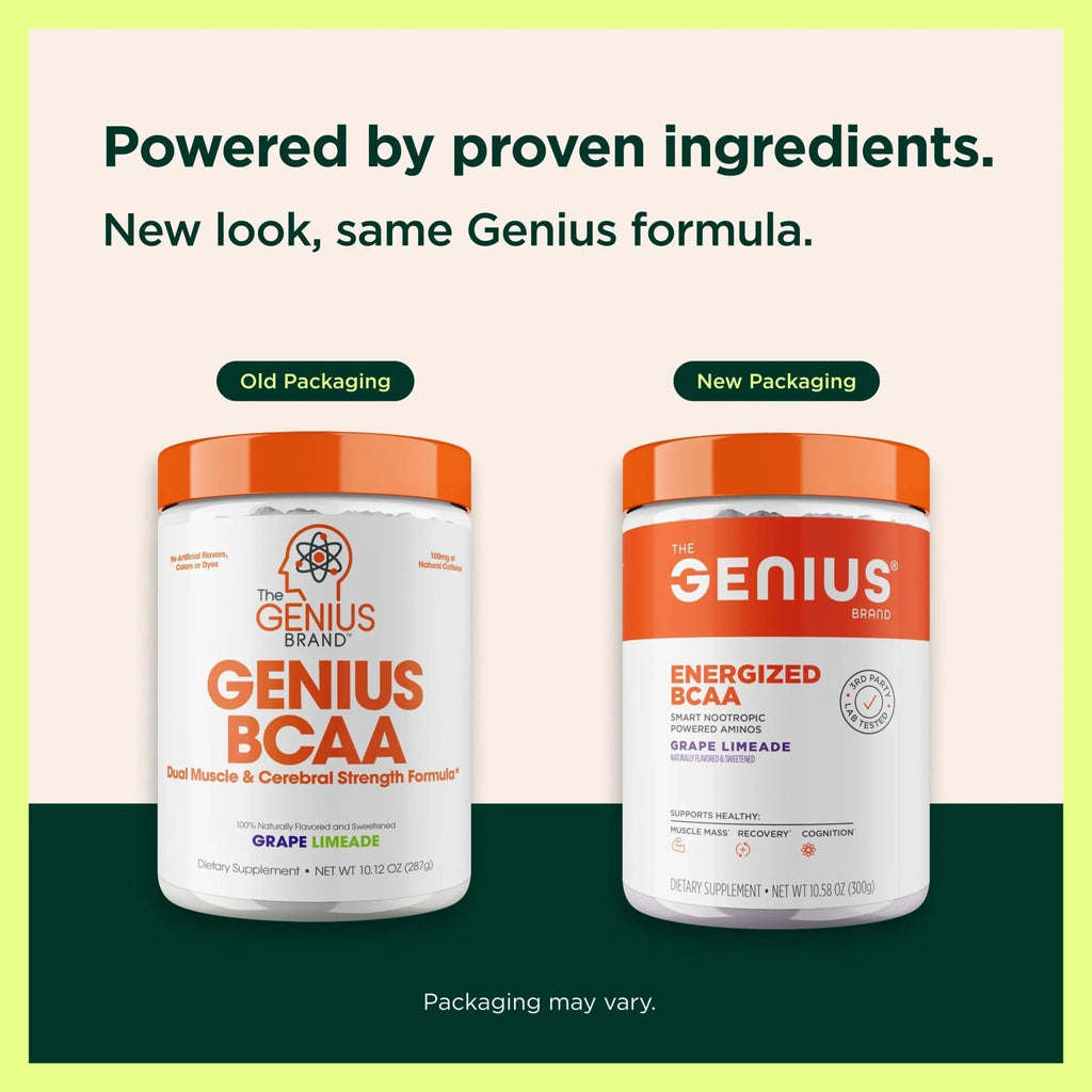 Genius BCAA Powder - 5g Vegan BCAAs L-Glutamine, Cognizin & Rhodiola Muscle Recovery Energy Support 100mg Caffeine Pre, Intra, Post-Workout Nootropic Supplement for Focus & Performance - Grape Limeade - TrustMedUSA