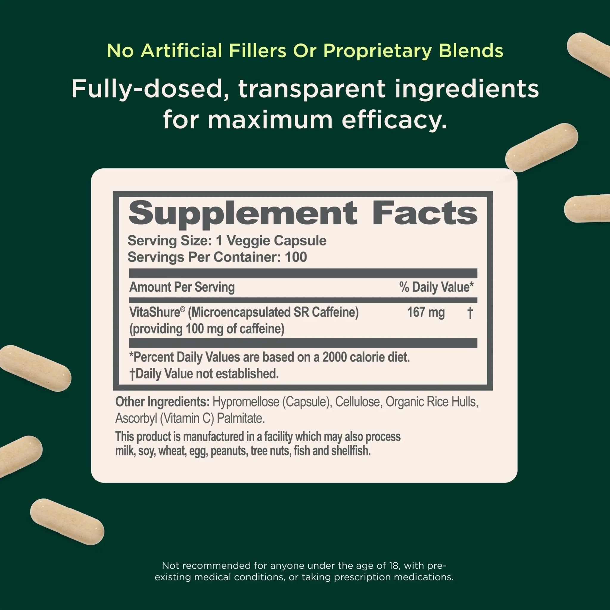 Genius Caffeine - Sustained-Release Microencapsulated Caffeine Pills for Smooth, Long-Lasting Energy & Focus - No Jitters or Crash - 100mg per Capsule - 100 Servings - Natural Performance Booster - TrustMedUSA