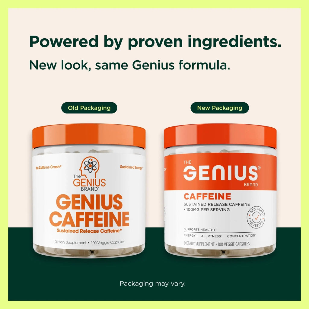 Genius Caffeine - Sustained-Release Microencapsulated Caffeine Pills for Smooth, Long-Lasting Energy & Focus - No Jitters or Crash - 100mg per Capsule - 100 Servings - Natural Performance Booster - TrustMedUSA