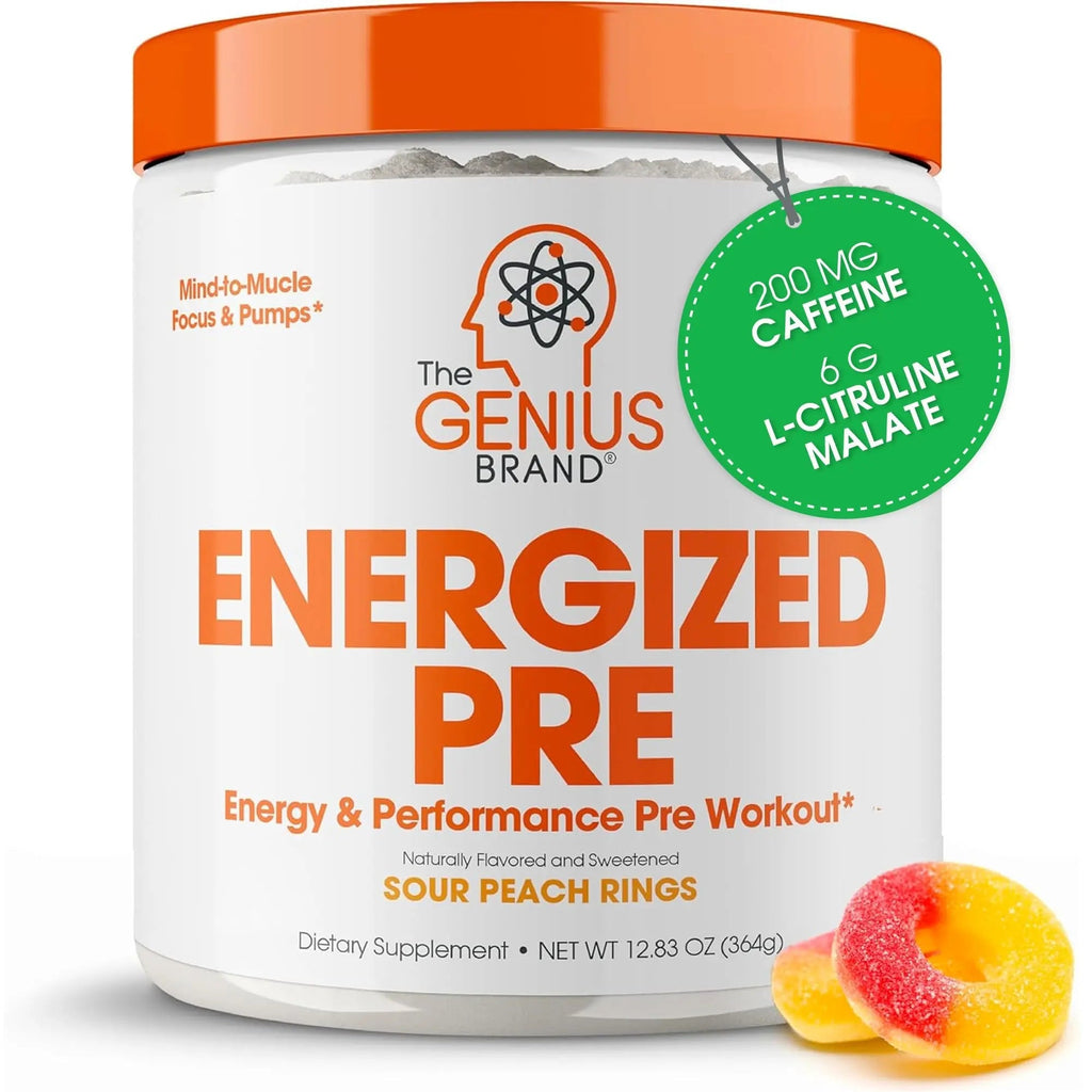 Genius Energized Pre Workout Powder – Caffeine Infused Pre-Workout Booster Supplement with Beta Alanine & Alpha GPC, No Artificial Sweeteners or Dyes - 200mg Caffeine, 20 Servings, Sour Peach Rings - TrustMedUSA