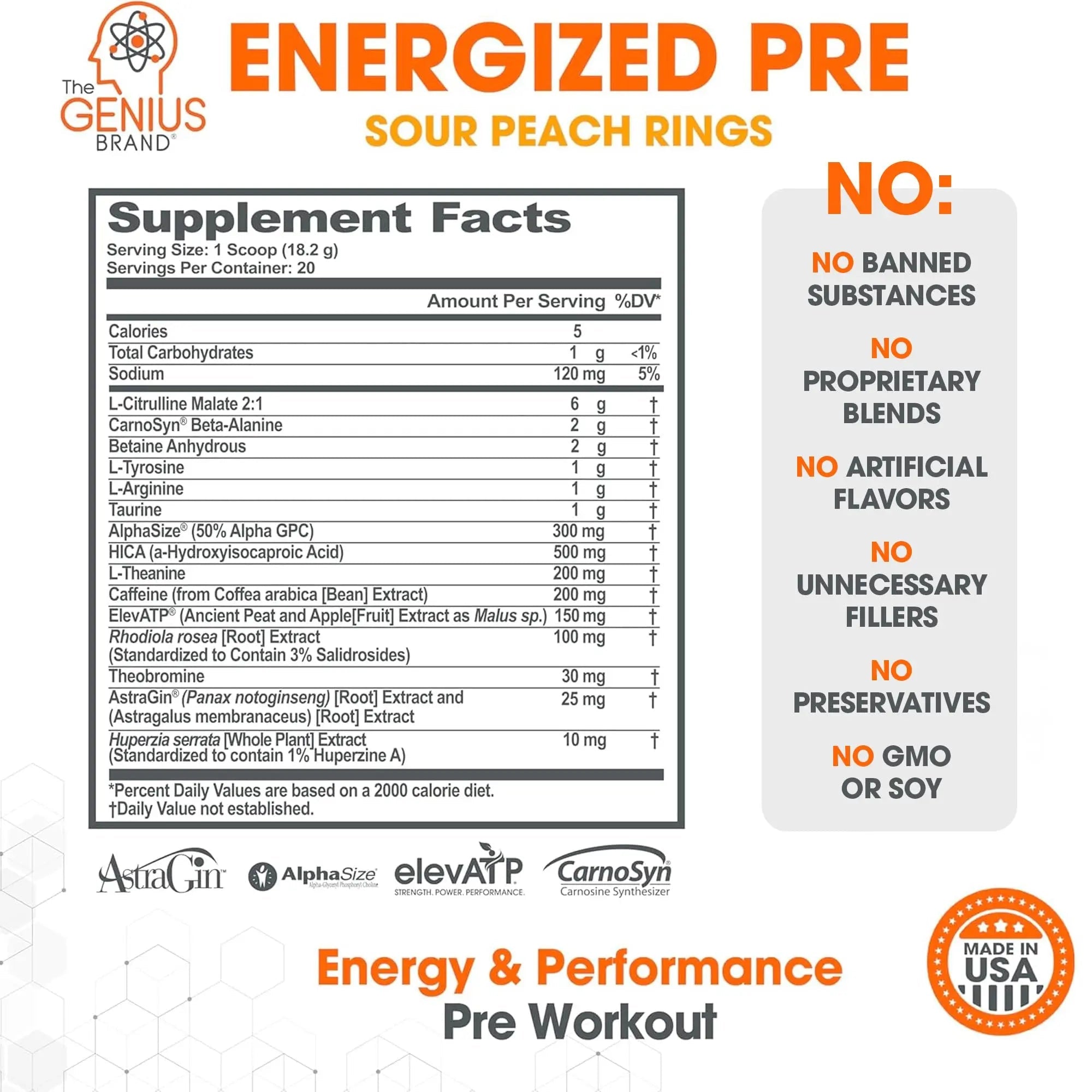 Genius Energized Pre Workout Powder – Caffeine Infused Pre-Workout Booster Supplement with Beta Alanine & Alpha GPC, No Artificial Sweeteners or Dyes - 200mg Caffeine, 20 Servings, Sour Peach Rings - TrustMedUSA