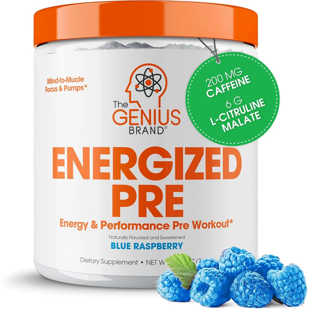 Genius Energized Pre Workout Powder – Caffeine Infused Pre-Workout Booster Supplement with Beta Alanine & Alpha GPC, No Artificial Sweeteners or Dyes - 200mg Caffeine, 20 Servings, Blue Raspberry - TrustMedUSA