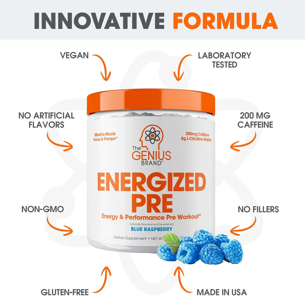 Genius Energized Pre Workout Powder – Caffeine Infused Pre-Workout Booster Supplement with Beta Alanine & Alpha GPC, No Artificial Sweeteners or Dyes - 200mg Caffeine, 20 Servings, Blue Raspberry - TrustMedUSA