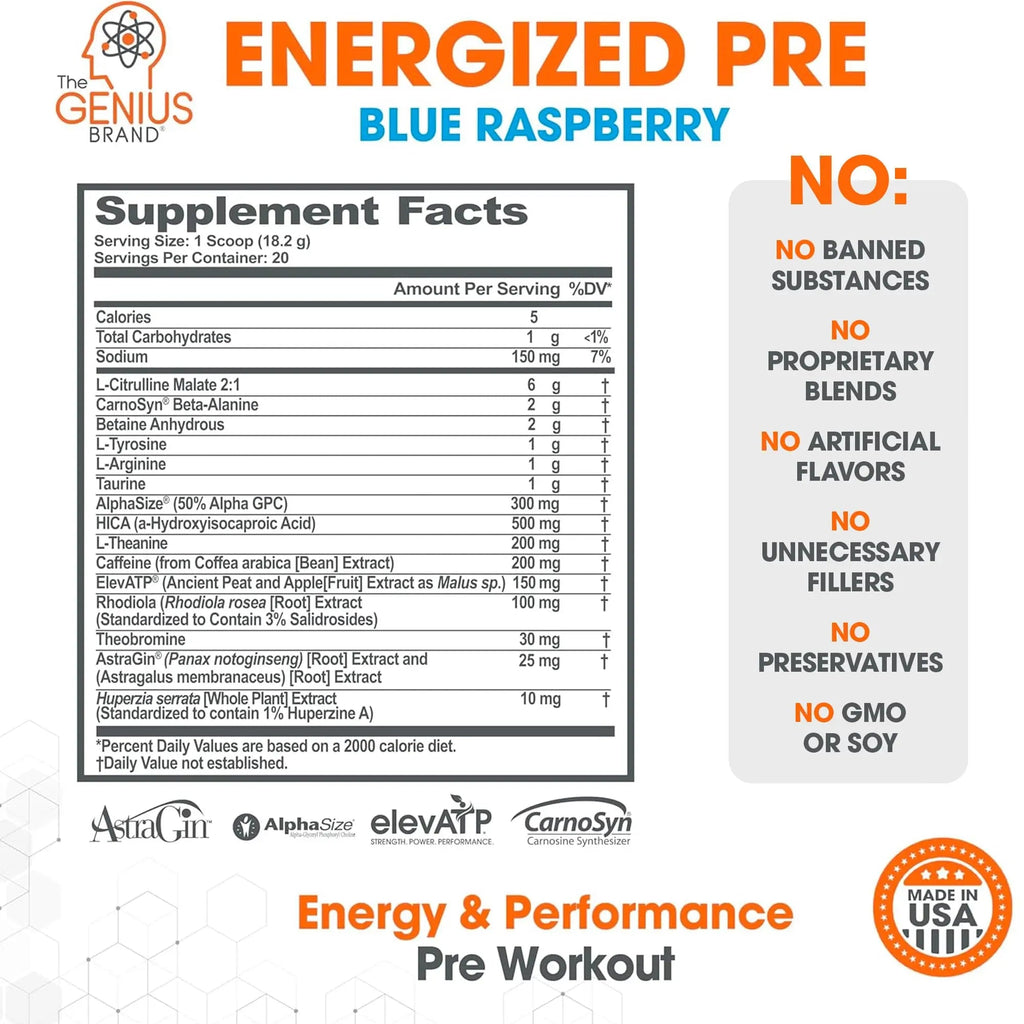 Genius Energized Pre Workout Powder – Caffeine Infused Pre-Workout Booster Supplement with Beta Alanine & Alpha GPC, No Artificial Sweeteners or Dyes - 200mg Caffeine, 20 Servings, Blue Raspberry - TrustMedUSA