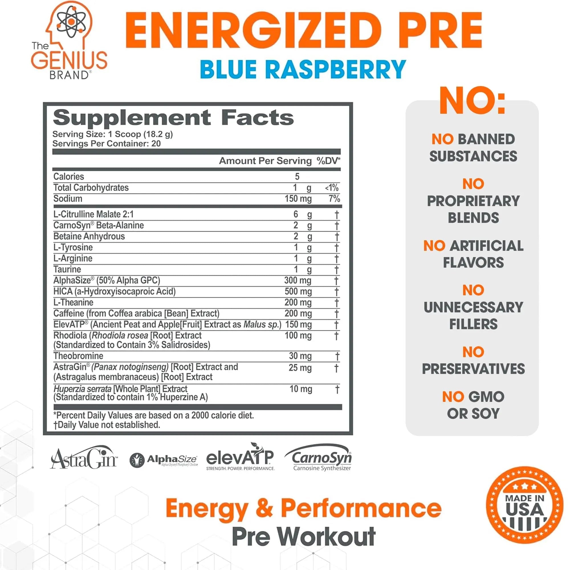Genius Energized Pre Workout Powder – Caffeine Infused Pre-Workout Booster Supplement with Beta Alanine & Alpha GPC, No Artificial Sweeteners or Dyes - 200mg Caffeine, 20 Servings, Blue Raspberry - TrustMedUSA