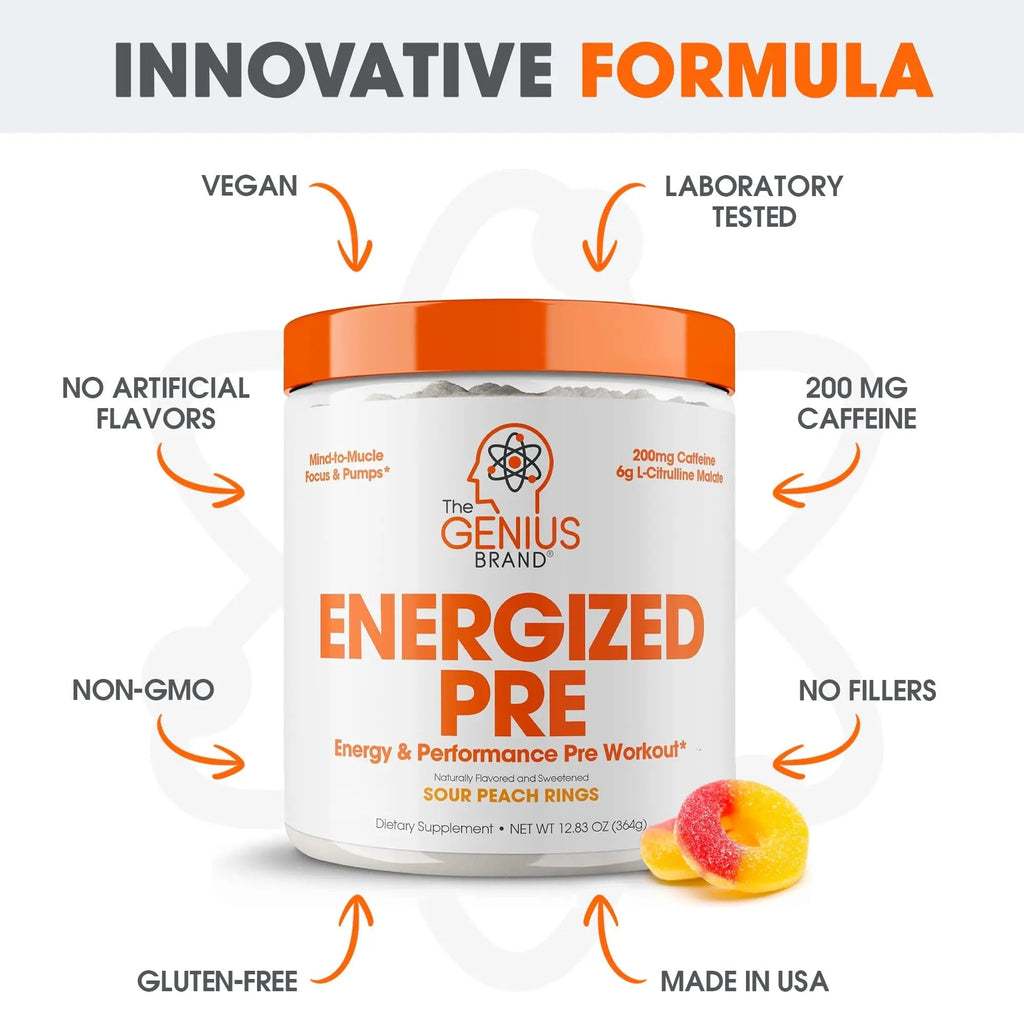 Genius Energized Pre Workout Powder – Caffeine Infused Pre-Workout Booster Supplement with Beta Alanine & Alpha GPC, No Artificial Sweeteners or Dyes - 200mg Caffeine, 20 Servings, Sour Peach Rings - TrustMedUSA