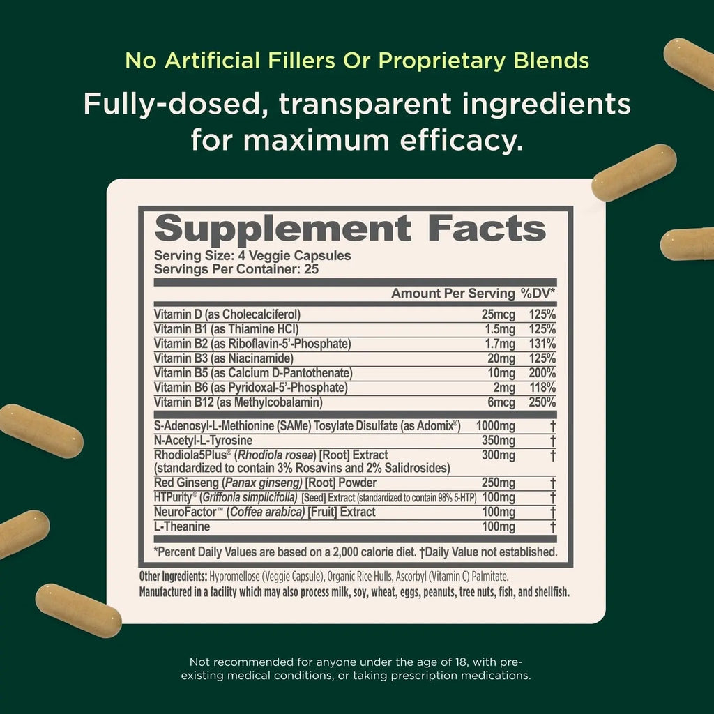 Genius Joy, Nootropic Mood Enhancer Supplement - Support Cognitive Health, Enhance Mood & Neural Function with Brain Boosting L-Theanine, Panax Ginseng & SAM-e - Organic, Non-GMO, & Gluten-Free - TrustMedUSA
