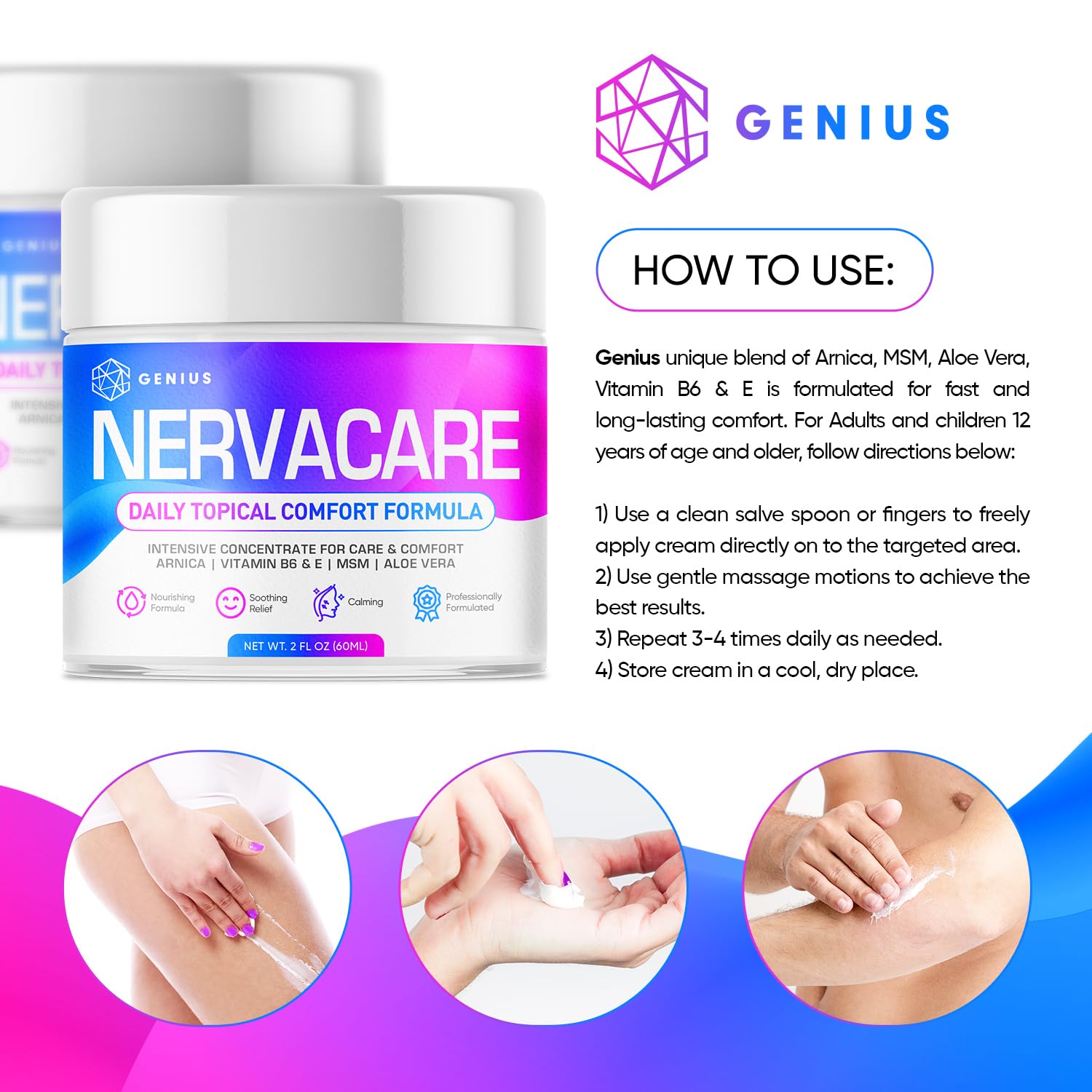 Genius Nervacare – Neuropathy Cream for Feet, Hands, Legs & Toes – Nerve Comfort Cream with Menthol, Arnica, MSM, Vitamin B6, Aloe Vera – Fast-Absorbing, Non-Greasy 2Oz - TrustMedUSA