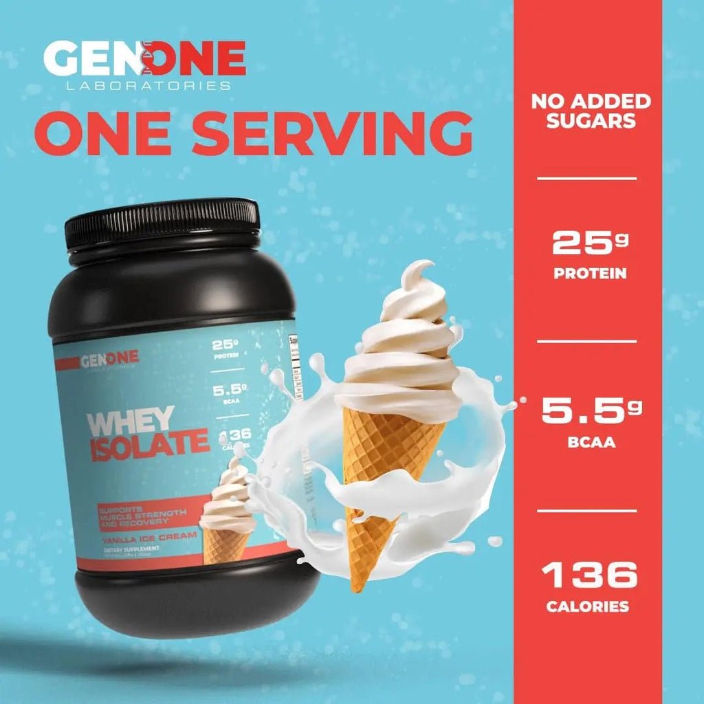 GenOne Whey Protein Powder Isolate, 25g Protein and 5.5g BCAAs per Serving, Vanilla Ice - TrustMedUSA