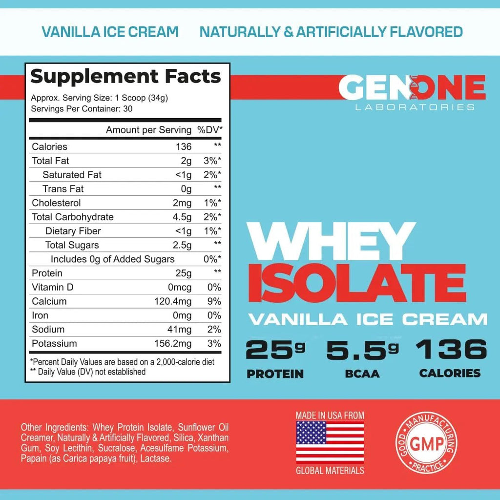 GenOne Whey Protein Powder Isolate, 25g Protein and 5.5g BCAAs per Serving, Vanilla Ice - TrustMedUSA