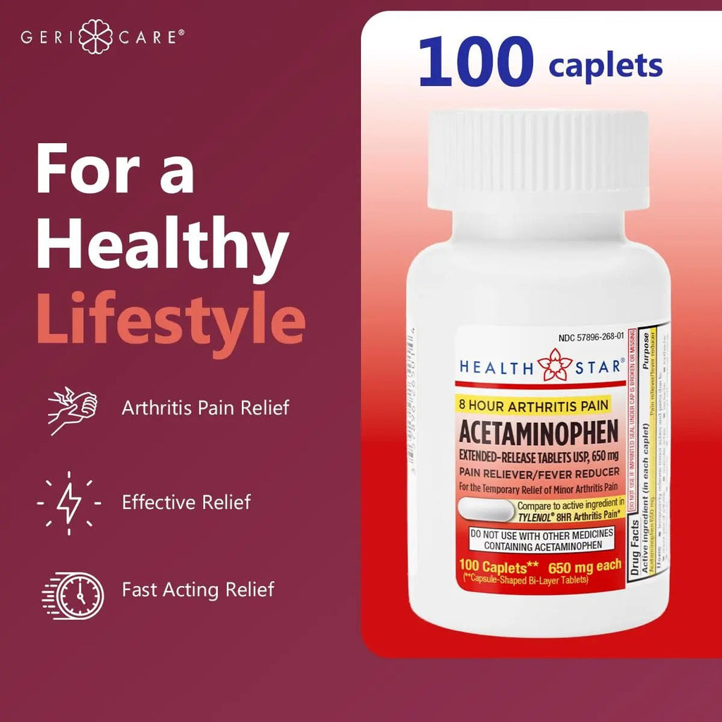 GeriCare Acetaminophen Extended-Release Arthritis 650mg Caplets, Pain Reliever, Arthritis Symptoms, Fever Reduction, 100 Count (Pack of 1) - TrustMedUSA