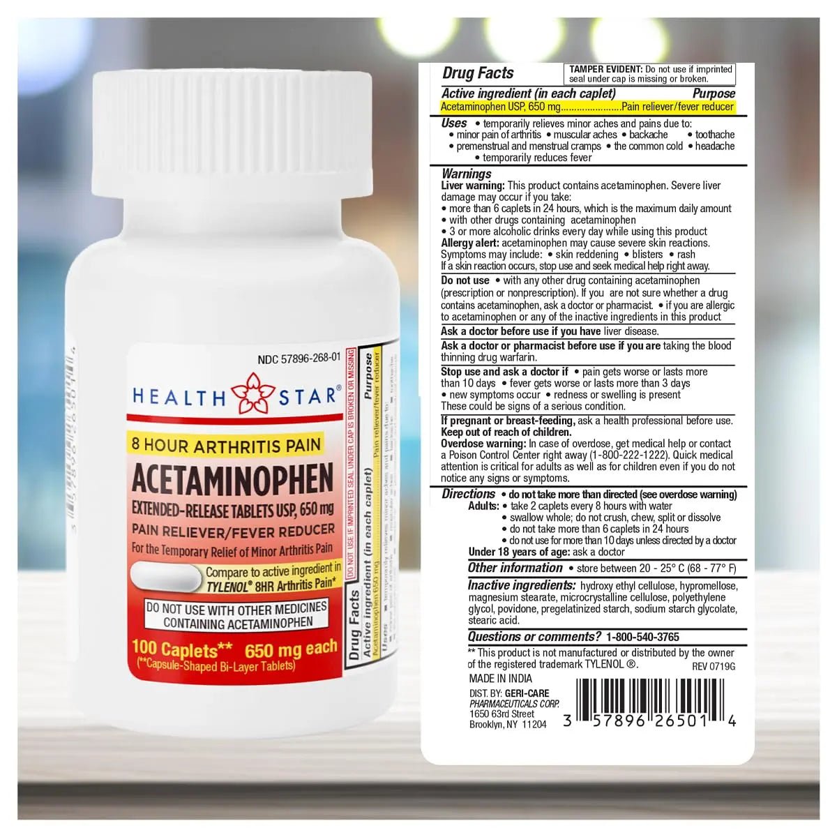 GeriCare Acetaminophen Extended-Release Arthritis 650mg Caplets, Pain Reliever, Arthritis Symptoms, Fever Reduction, 100 Count (Pack of 1) - TrustMedUSA