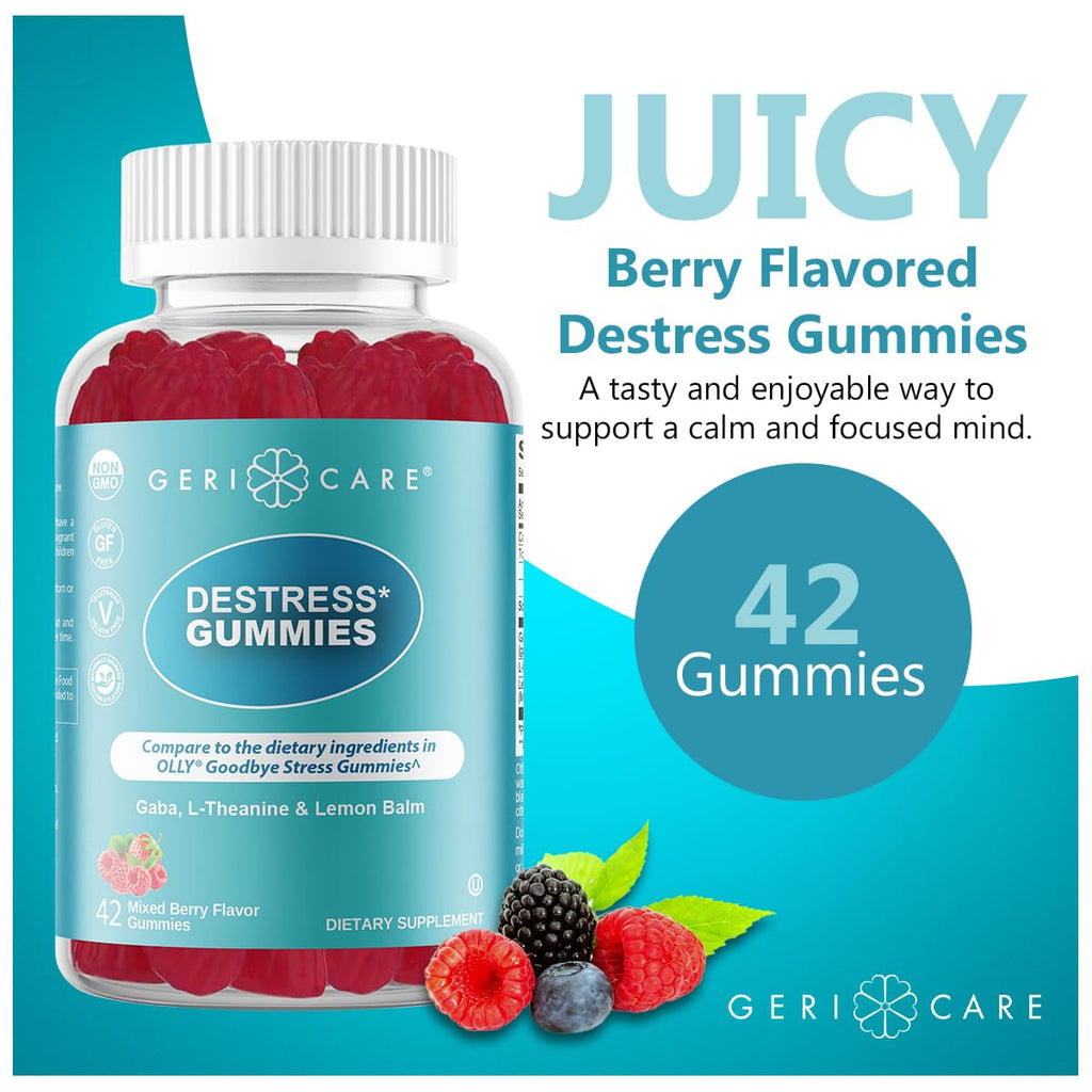 GeriCare DeStress Gummies with GABA, L-Theanine & Lemon Balm Mixed Berry Flavor – 42 Count – Supports Relaxation & Mental Clarity – Non-GMO, Gluten-Free, Vegan - TrustMedUSA