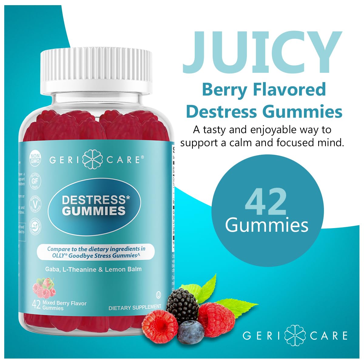 GeriCare DeStress Gummies with GABA, L-Theanine & Lemon Balm Mixed Berry Flavor – 42 Count – Supports Relaxation & Mental Clarity – Non-GMO, Gluten-Free, Vegan - TrustMedUSA