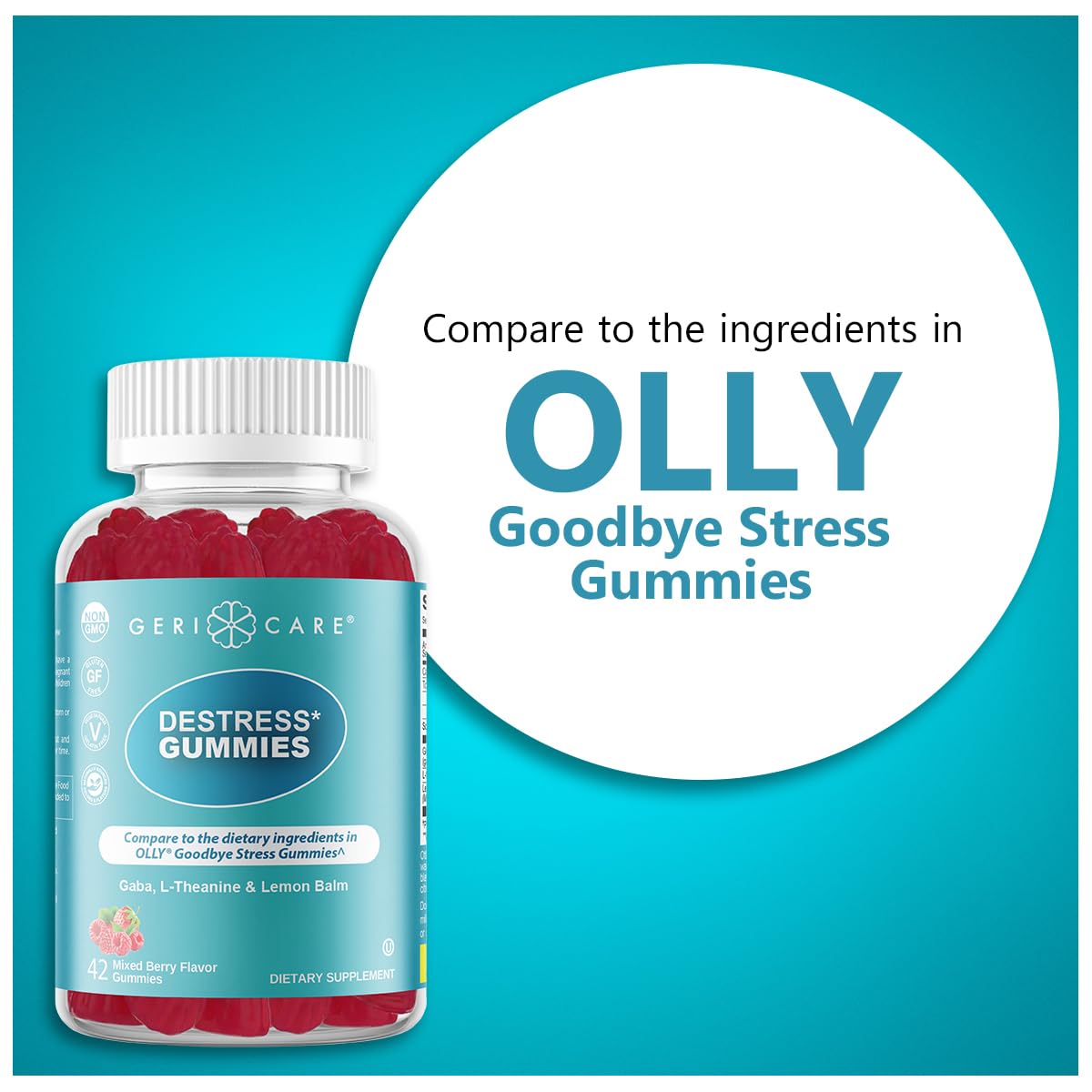 GeriCare DeStress Gummies with GABA, L-Theanine & Lemon Balm Mixed Berry Flavor – 42 Count – Supports Relaxation & Mental Clarity – Non-GMO, Gluten-Free, Vegan - TrustMedUSA