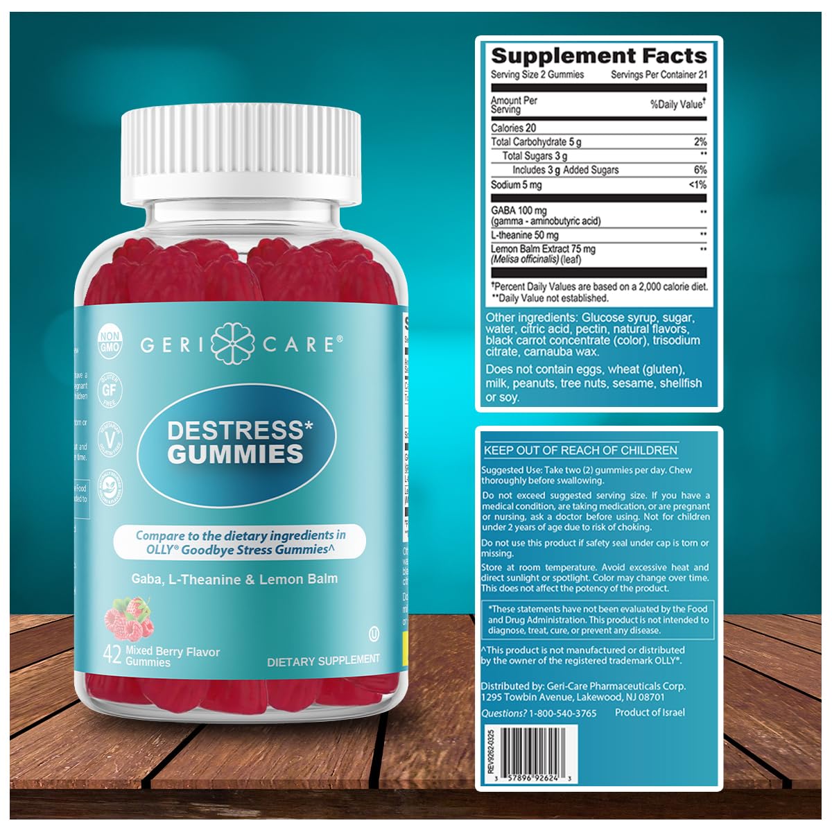 GeriCare DeStress Gummies with GABA, L-Theanine & Lemon Balm Mixed Berry Flavor – 42 Count – Supports Relaxation & Mental Clarity – Non-GMO, Gluten-Free, Vegan - TrustMedUSA