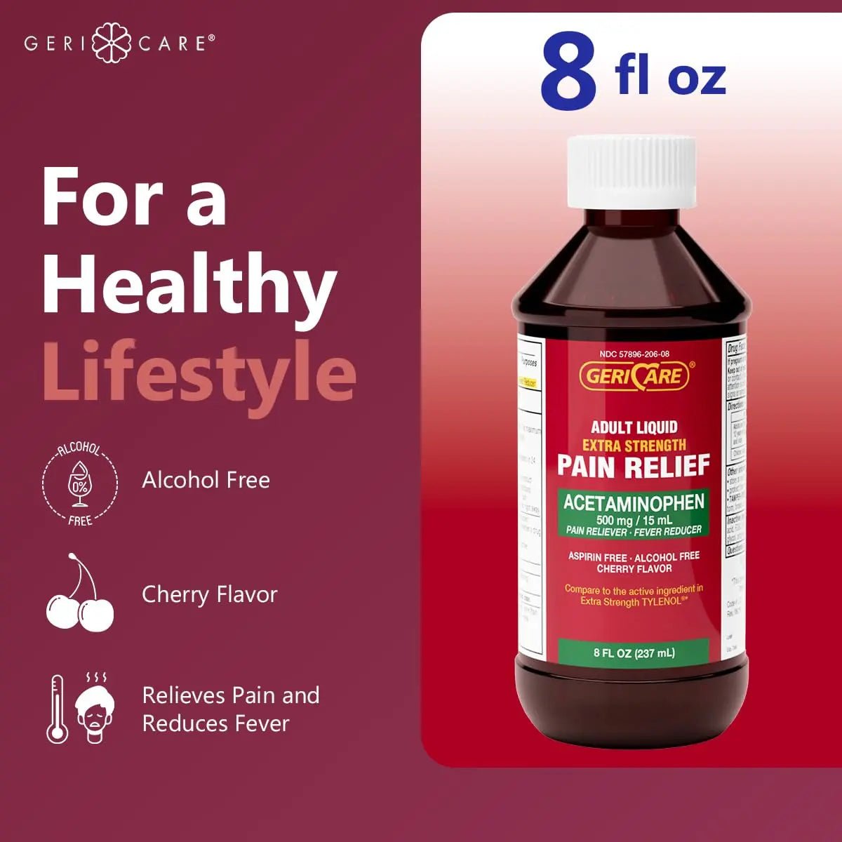 GeriCare Extra Strength Acetaminophen 500 mg Adult Liquid Pain Relief, Fever Reducer, 8 FL OZ (Pack of 1) - TrustMedUSA