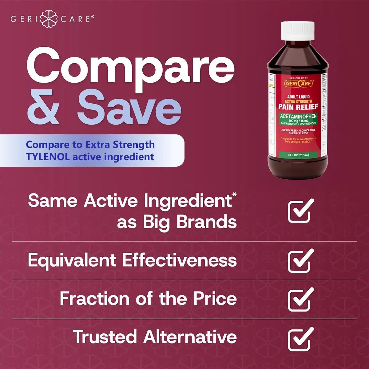 GeriCare Extra Strength Acetaminophen 500 mg Adult Liquid Pain Relief, Fever Reducer, 8 FL OZ (Pack of 1) - TrustMedUSA