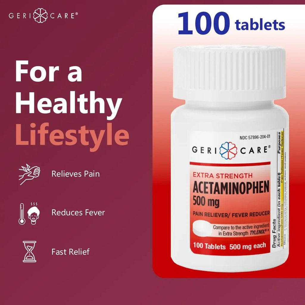 GeriCare Extra Strength Acetaminophen Pain Relief Fever Reducer Tablets, Strength 500mg Tablet | Joint, Muscle, Arthritis, Back Pain, Body Pain Relief, 100 Count (Pack of 2) - TrustMedUSA