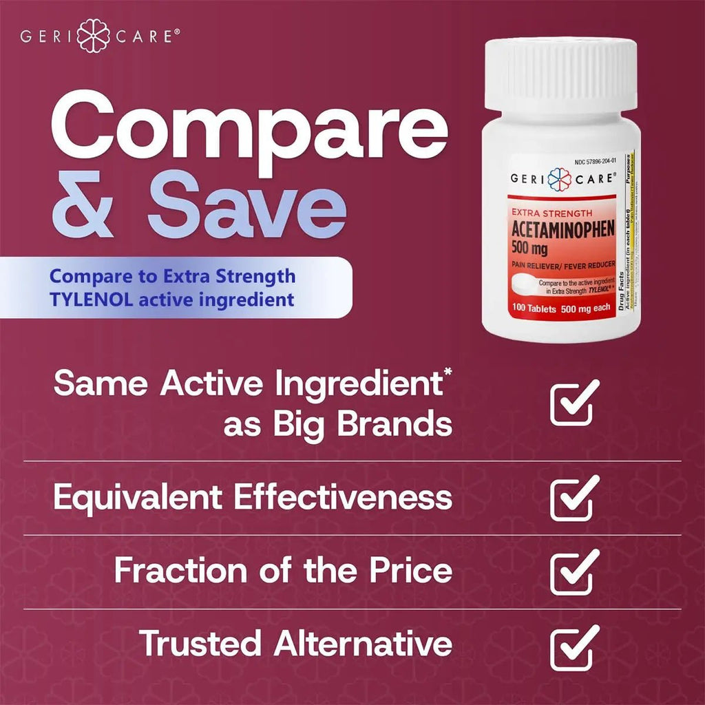 GeriCare Extra Strength Acetaminophen Pain Relief Fever Reducer Tablets, Strength 500mg Tablet | Joint, Muscle, Arthritis, Back Pain, Body Pain Relief, 100 Count (Pack of 2) - TrustMedUSA