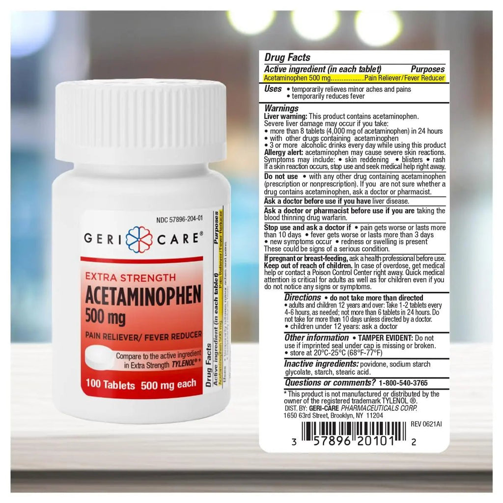 GeriCare Extra Strength Acetaminophen Pain Relief Fever Reducer Tablets, Strength 500mg Tablet | Joint, Muscle, Arthritis, Back Pain, Body Pain Relief, 100 Count (Pack of 2) - TrustMedUSA