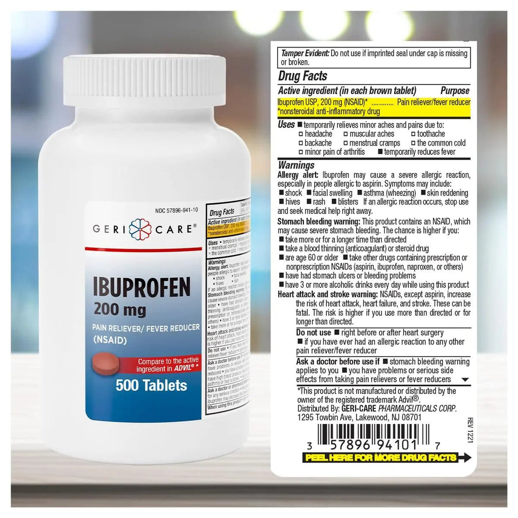 GeriCare Ibuprofen 200mg, Pain Reliever, Fever Reducer, Relieves Body Aches, 500 Count (Pack of 1) - TrustMedUSA