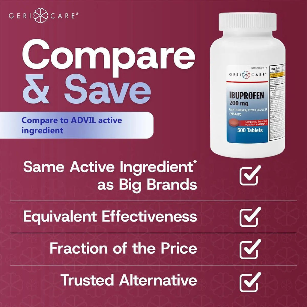 GeriCare Ibuprofen 200mg, Pain Reliever, Fever Reducer, Relieves Body Aches, 500 Count (Pack of 1) - TrustMedUSA