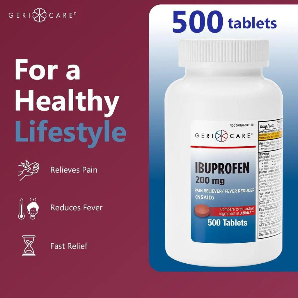 GeriCare Ibuprofen 200mg, Pain Reliever, Fever Reducer, Relieves Body Aches, 500 Count (Pack of 1) - TrustMedUSA