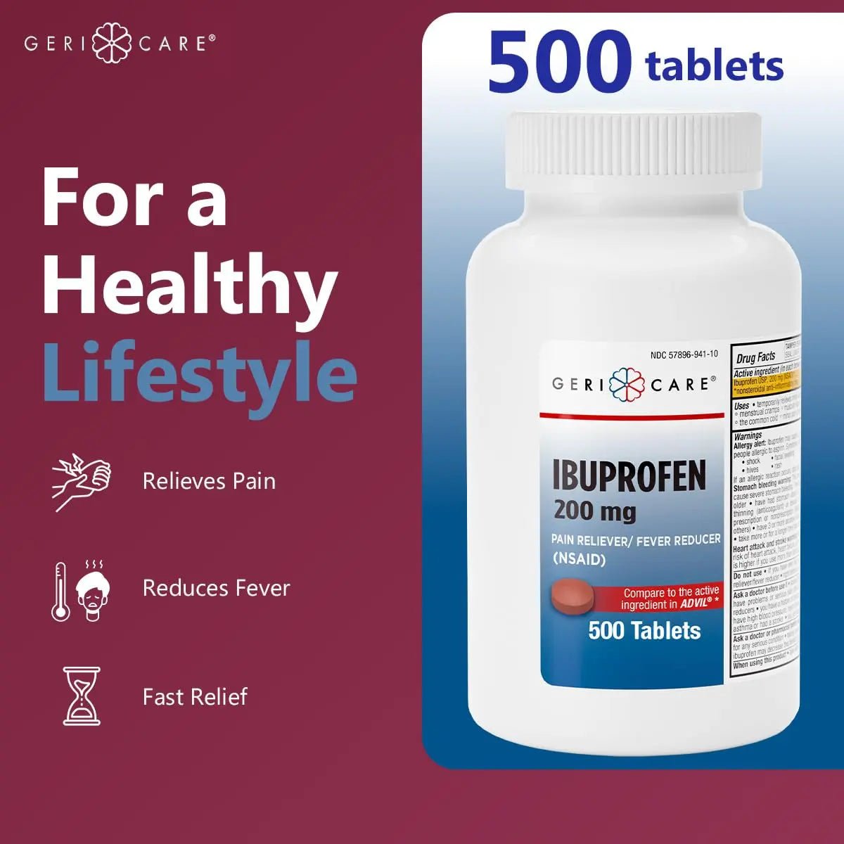 GeriCare Ibuprofen 200mg, Pain Reliever, Fever Reducer, Relieves Body Aches, 500 Count (Pack of 1) - TrustMedUSA