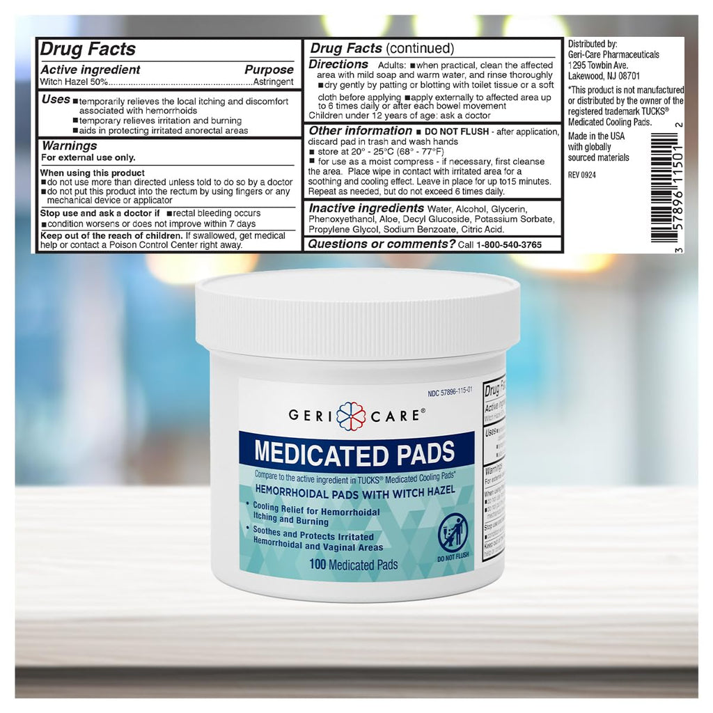 GeriCare Medicated Cooling Pads with Witch Hazel. for Soothing Itch, Discomfort, and Burning, Pre-Moistened Pads Ideal for Sensitive Areas, 100 Count (Pack of 1) - TrustMedUSA