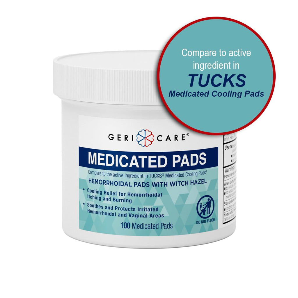 GeriCare Medicated Cooling Pads with Witch Hazel. for Soothing Itch, Discomfort, and Burning, Pre-Moistened Pads Ideal for Sensitive Areas, 100 Count (Pack of 1) - TrustMedUSA