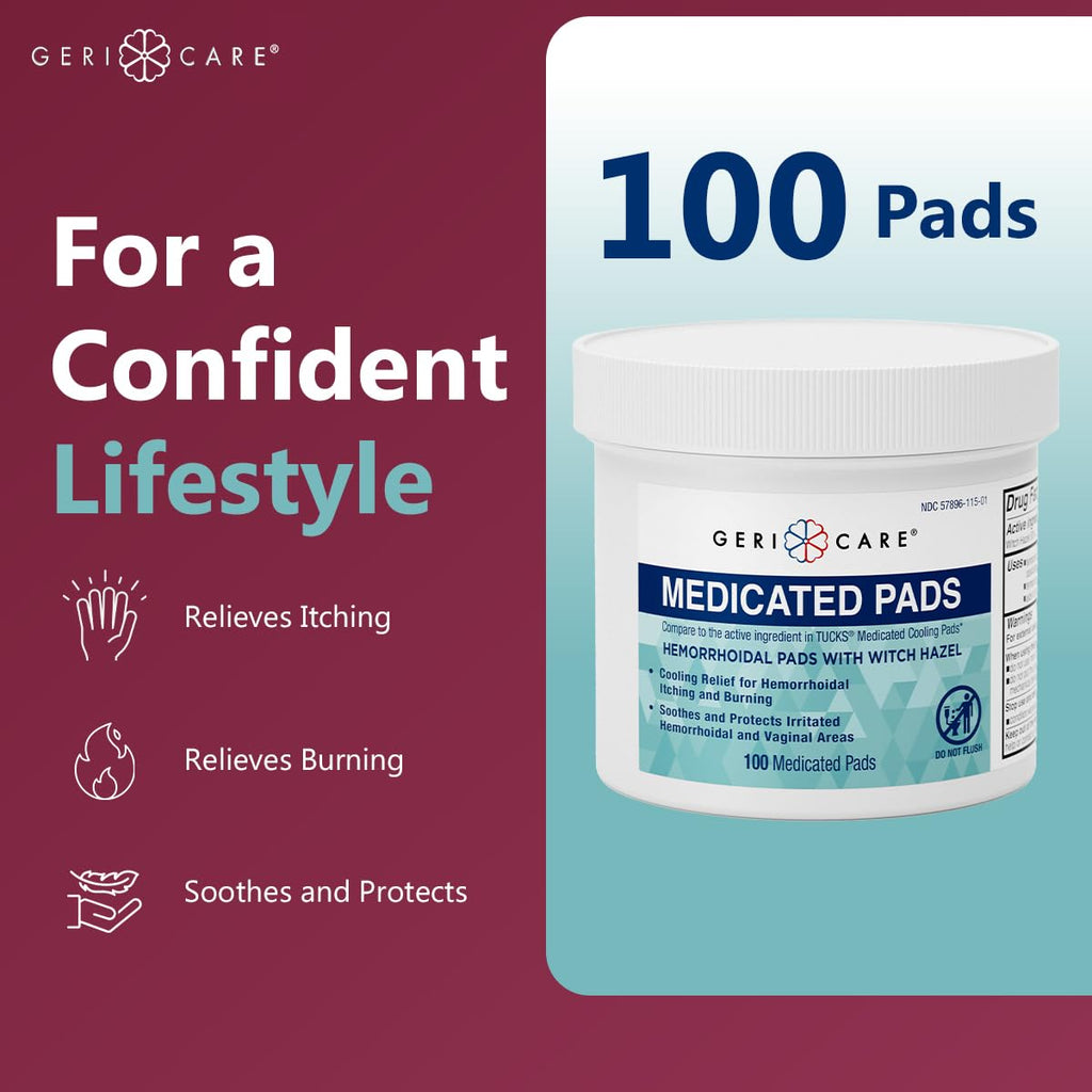 GeriCare Medicated Cooling Pads with Witch Hazel. for Soothing Itch, Discomfort, and Burning, Pre-Moistened Pads Ideal for Sensitive Areas, 100 Count (Pack of 1) - TrustMedUSA