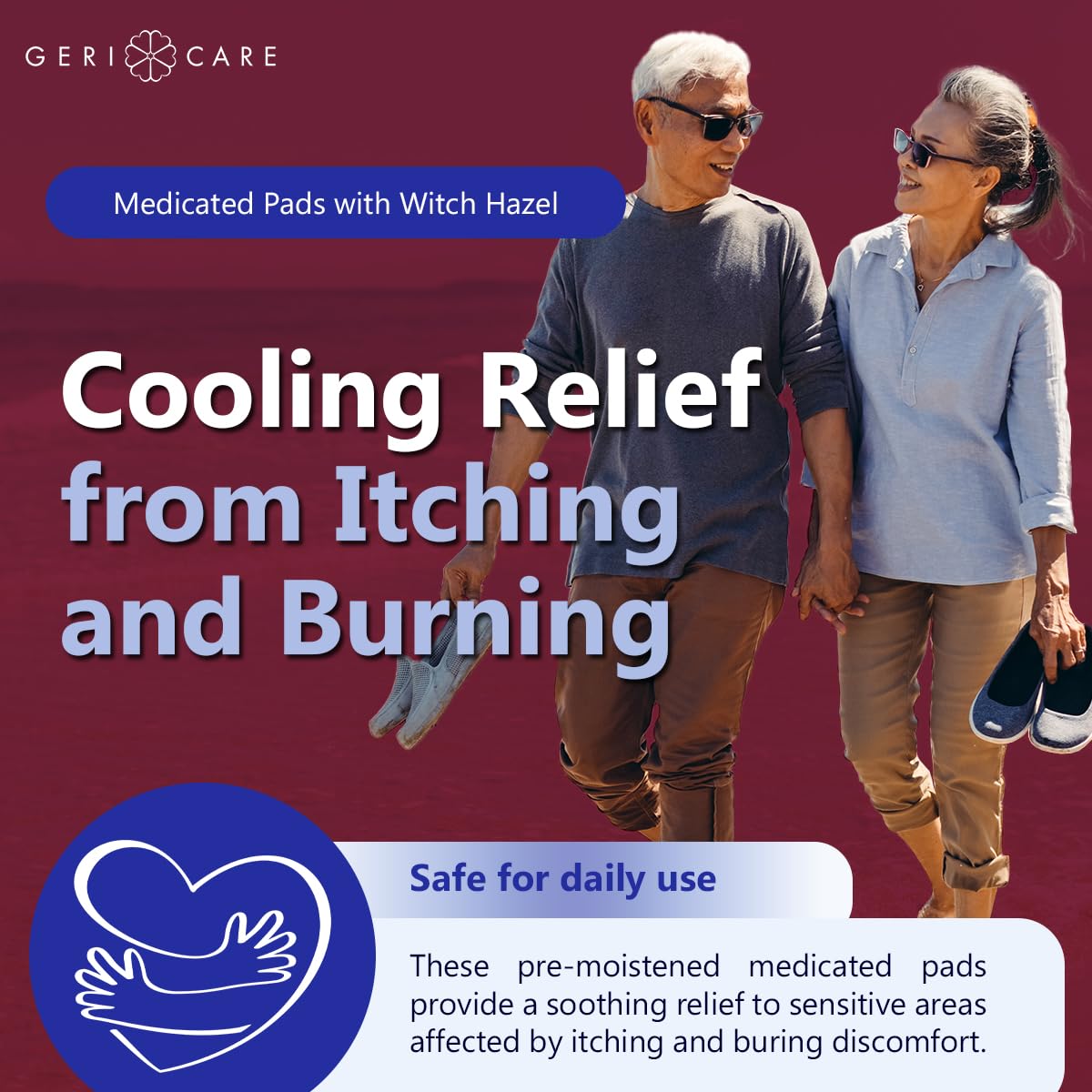 GeriCare Medicated Cooling Pads with Witch Hazel. for Soothing Itch, Discomfort, and Burning, Pre-Moistened Pads Ideal for Sensitive Areas, 100 Count (Pack of 1) - TrustMedUSA
