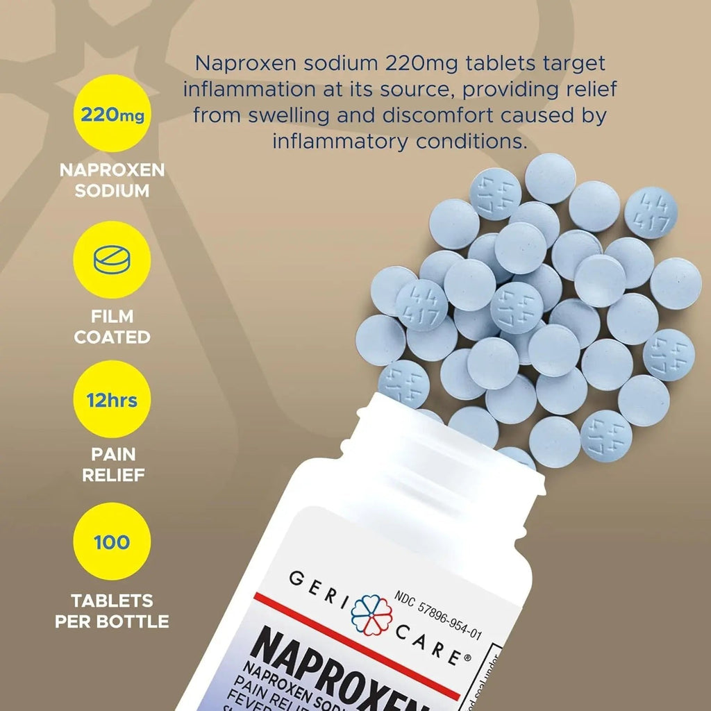GeriCare Naproxen Sodium Tablets, 220mg (100 Count)- NSAID Extra-Strength Pain Relief for Headache, Arthritis, Muscle Aches, Menstrual Cramps- Film-Coated Naproxen, Anti-Inflammatory & Fever Reducer - TrustMedUSA