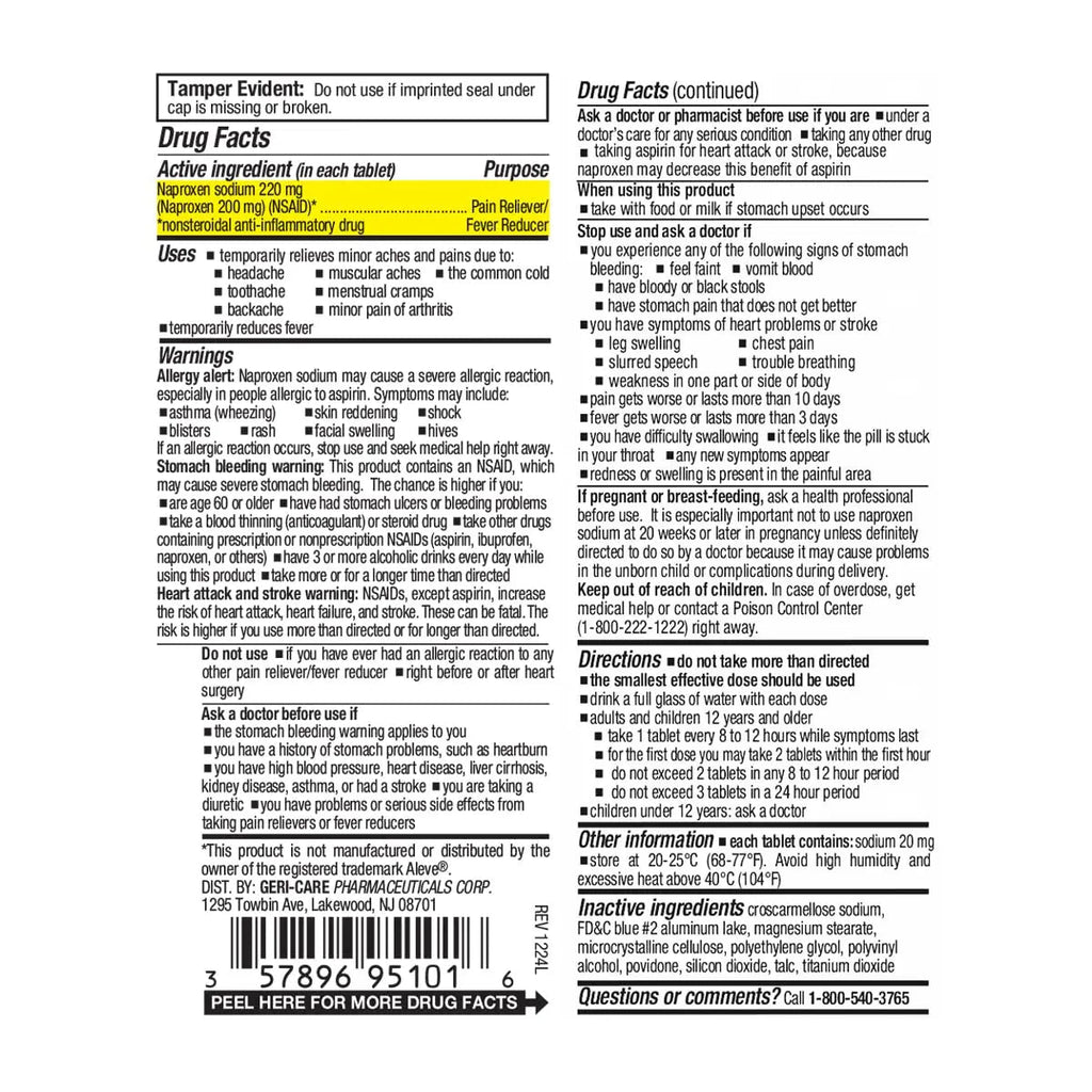 GeriCare Naproxen Sodium Tablets, 220mg (100 Count)- NSAID Extra-Strength Pain Relief for Headache, Arthritis, Muscle Aches, Menstrual Cramps- Film-Coated Naproxen, Anti-Inflammatory & Fever Reducer - TrustMedUSA