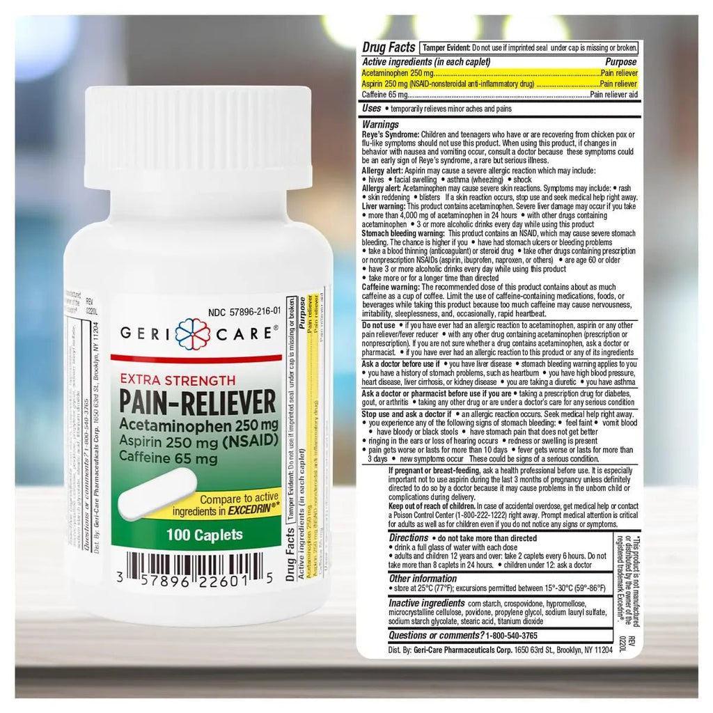 GeriCare Pain Reliever Extra Strength Caplets – 100 Count – Acetaminophen 250mg, Aspirin 250mg (NSAID), Caffeine 65mg – Powerful Triple-Action Formula for Headaches, Migraines & Minor Aches (2 Pack) - TrustMedUSA