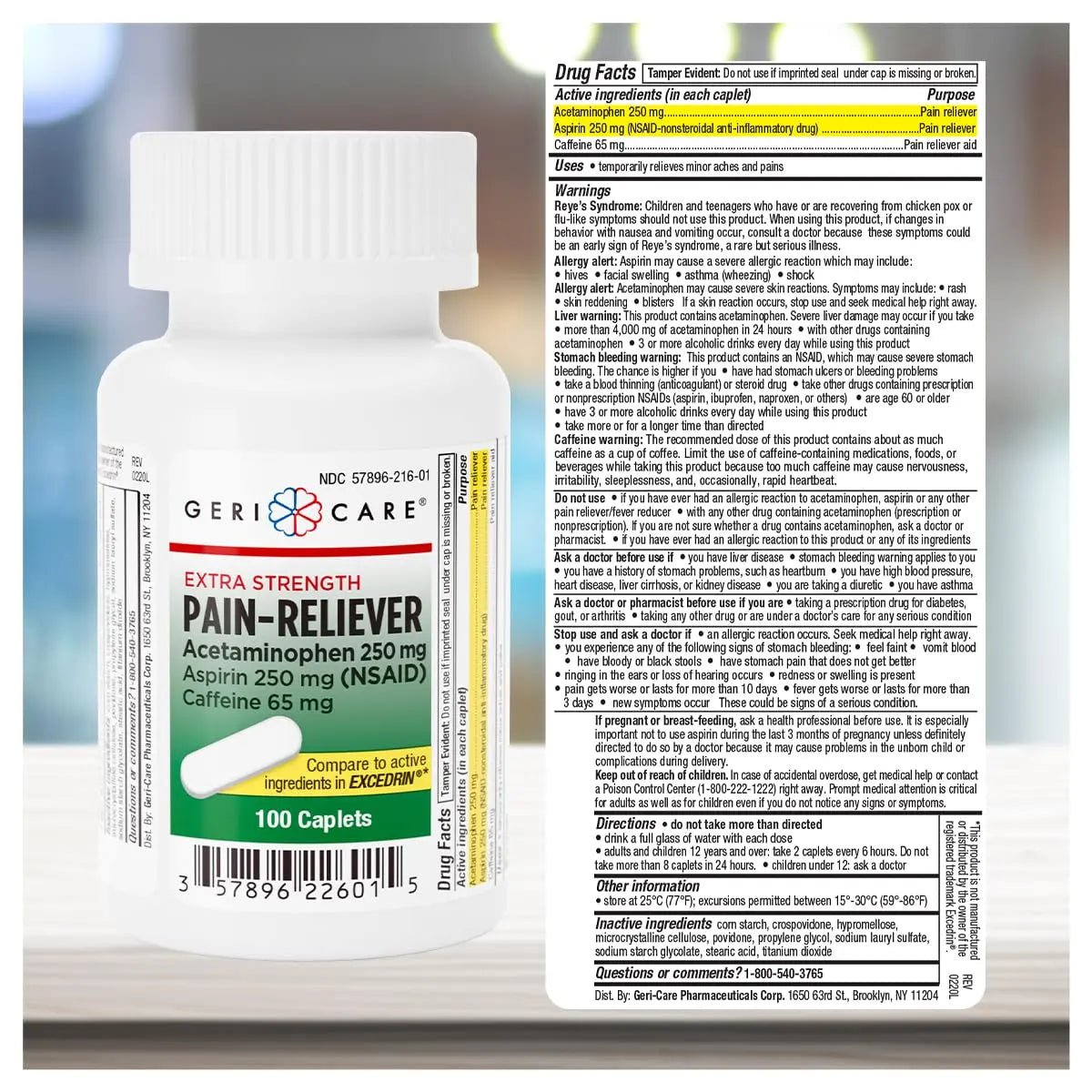 GeriCare Pain Reliever Extra Strength Caplets – 100 Count – Acetaminophen 250mg, Aspirin 250mg (NSAID), Caffeine 65mg – Powerful Triple-Action Formula for Headaches, Migraines & Minor Aches (2 Pack) - TrustMedUSA