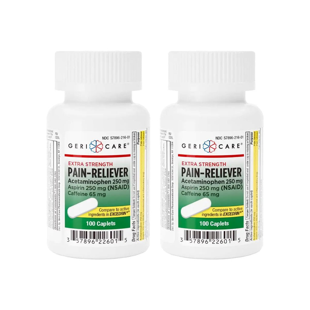 GeriCare Pain Reliever Extra Strength Caplets – 100 Count – Acetaminophen 250mg, Aspirin 250mg (NSAID), Caffeine 65mg – Powerful Triple-Action Formula for Headaches, Migraines & Minor Aches (2 Pack) - TrustMedUSA